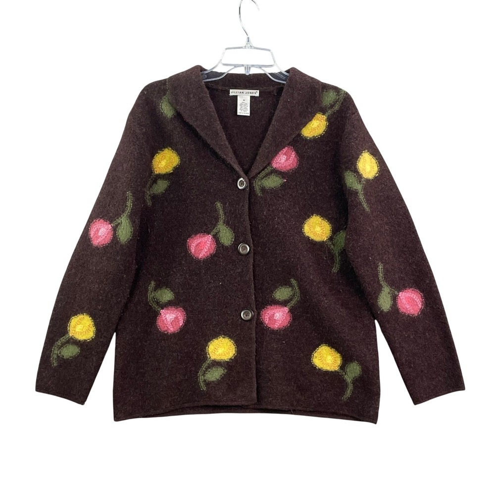 Jillian Jones Cardigan Women Medium Brown Wool Floral Embroidered Button Up Cozy